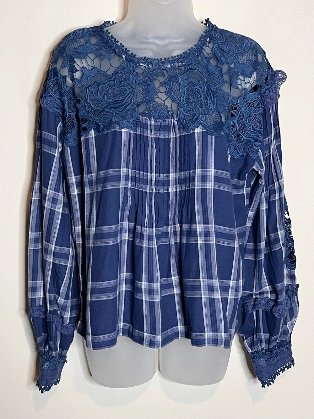FREE PEOPLE Darling Diana Blue Plaid Lace Boho Blouse Size M